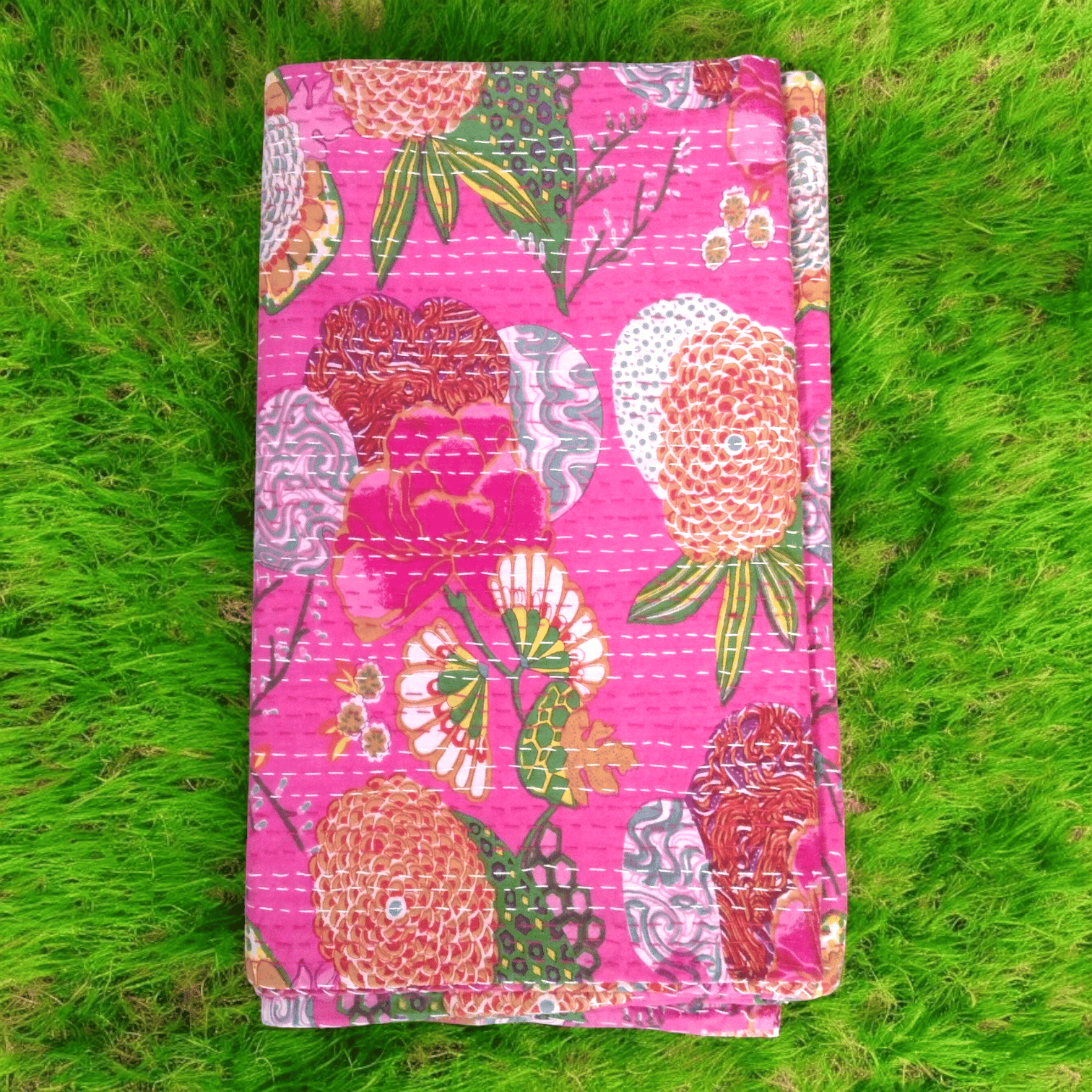 Hand Quilted Kantha Bedcover- Fruits Pink-90 x 100 inches
