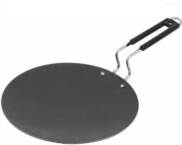 VISMAY'S Pure Iron 9.5 inch Roti Tawa Paratha Chapati Phulka Tava with Smooth Edges (Stainless Steel Handle) Metal Spoon Friendly Even Heat Distribution Color - Metalic Black, Diameter - 21 cm- 30 cm
