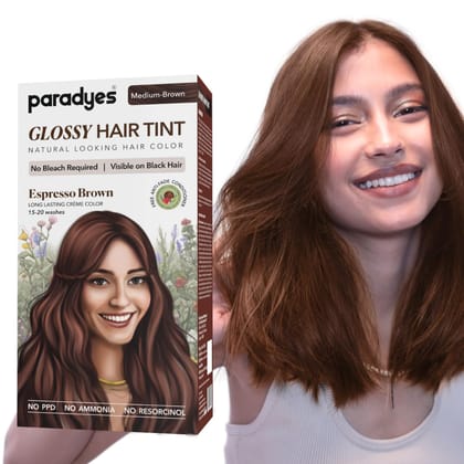 Paradyes Espresso Brown No Bleach Hair Tint | Glossy Hair Color | Visible on Virgin Black Hair | Natural-Looking, Glossy Finish | PPD-Free Paradyes Espresso Brown No Bleach Hair Tint | Glossy Hair Color | Visible on Virgin Black Hair | Natural-Looking, G