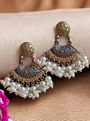 Silver & Golden Dual-Tone Dangler Earrings with Pearl Drops | Sarichka