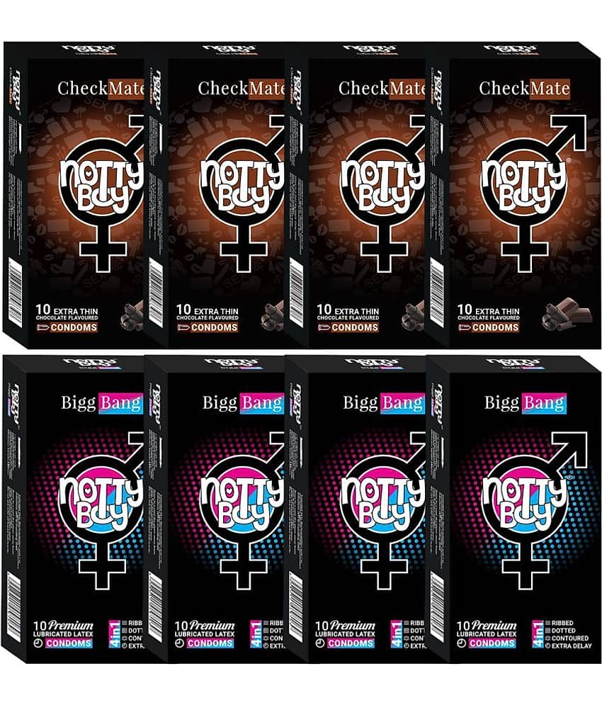 NottyBoy 4 IN 1, Dotted, Ribbed, Extra Time, Ultra Thin Chocolate Flavoured Condoms - 80 Units