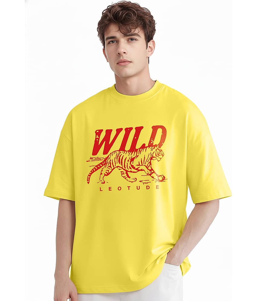 Leotude Men Cotton Blend Oversized Fit Printed T-Shirt ( Yellow )