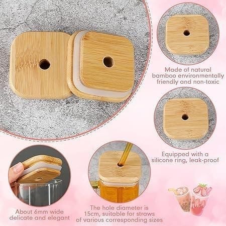 Square Glass Mason jar 410 ML Mug Sipper with Airtight Wooden Lid & Glass Straw Used for hot & Cold Drinks Borosilicate Tumbler Cup for Iced Coffee, Smoothie, Juice, Mocktail & Cocktail pack of 1