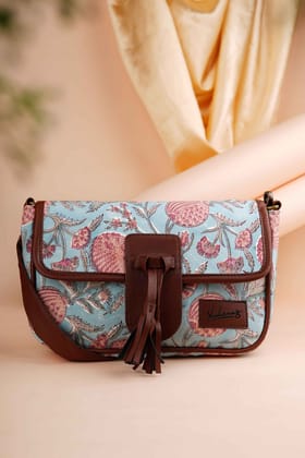 Blue Lagoon Hand Block Printed Pink Sling Bag-11 X 7 X 1.5 in / Pink