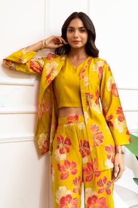 Mustard Color Floral Printed Premium Chanderi Co-ord Set-XXL