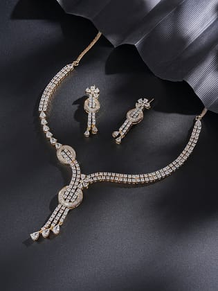 Gold Toned White AD Zircon Knotted Statement Pendant Jewellery Set