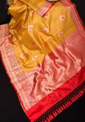 Banarasi Tussar Silk Saree in Mustard Yellow Color with Gray Border and Meenakari Buttas | SILK MARK CERTIFIED