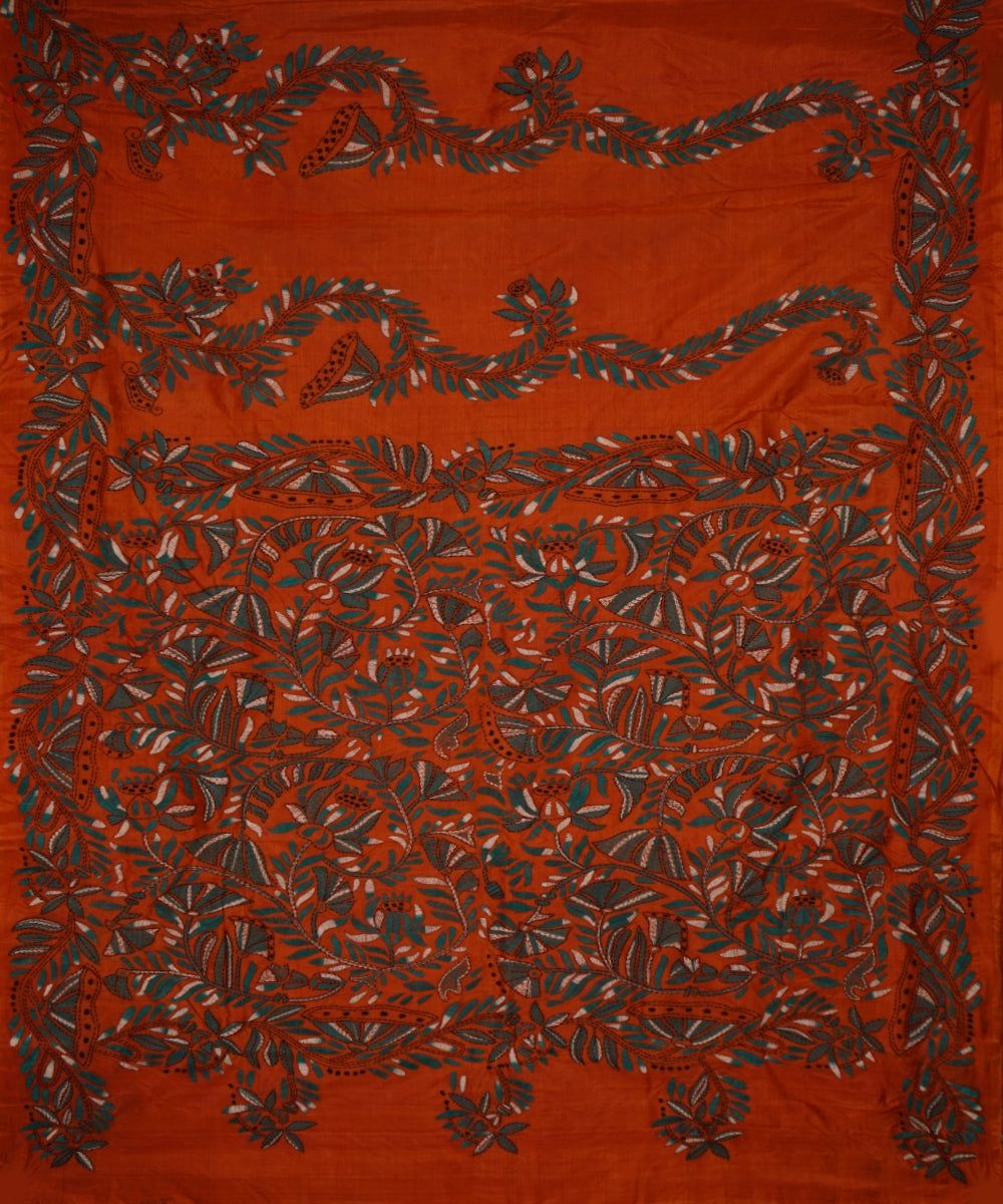 Deep carrot orange tussar silk hand embroidery kantha saree
