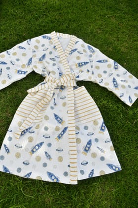 Kids Premium Waffle Cotton Bathrobe Rocket Pattern -Small (2-4 years)