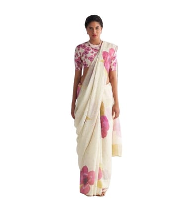 DARSHANS Women's Linen Printed Saree With Unstitched Blouse 5.5Mtr (White)-PID65174