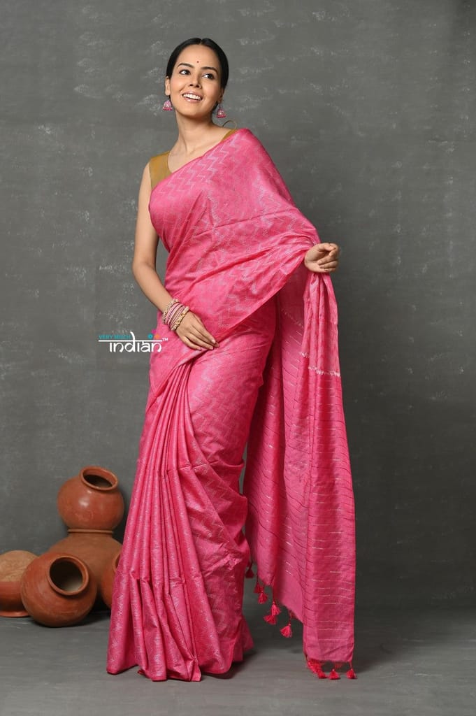 Tyohaar ~ Designer! Cotton Viscose Hand Dyed Saree With Sleek Border - Pink - Sarees | Buy online on ZillyBuy