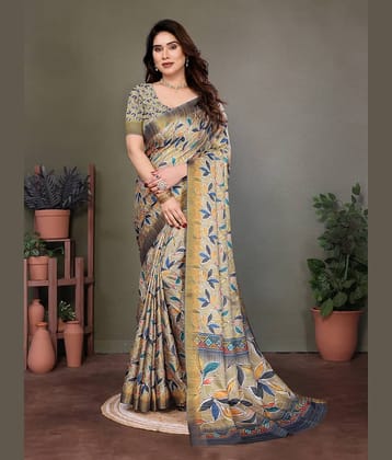 NightBlue Cotton Printed Saree With Unstitched Blouse Piece ( Gold )