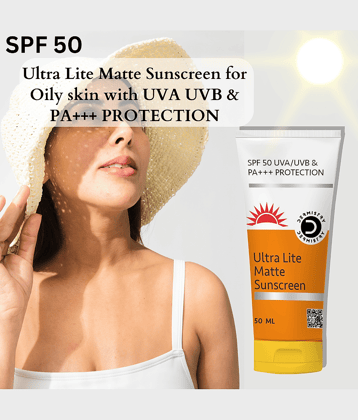 Dermistry Ultra Lite Matte Water Based Sunscreen Cream for Oily Skin SPF 50 Anti-Pollution UVA UVB PA+++ Sun Protection Lightweight Moisturizer Aqua Gel Best Lotion Even Tone for Daily Use No White Cast-50ml