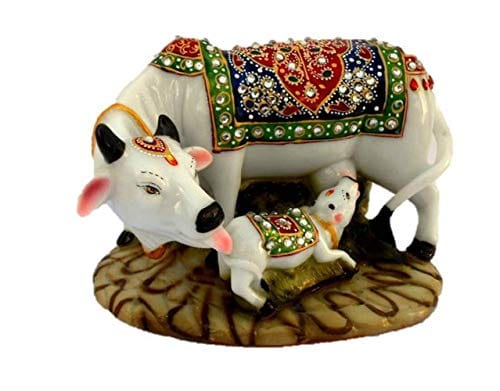 JIYANSH Creation Kamdhenu Cow and Calf Statue for Home Decor - Handcrafted Polyresin Marble Finish Vastu Showpiece