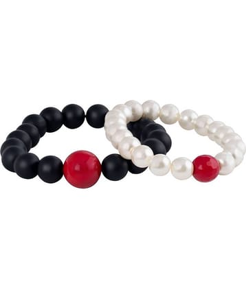 Matte Black Onyx Stone and Off White Pearl with Red Bead Handmade Stretchable Couple Bracelet