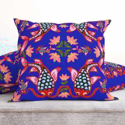 Koi Fishes in the  blue swirling pond Cushion-Canvas Cushion / 16x16 / without