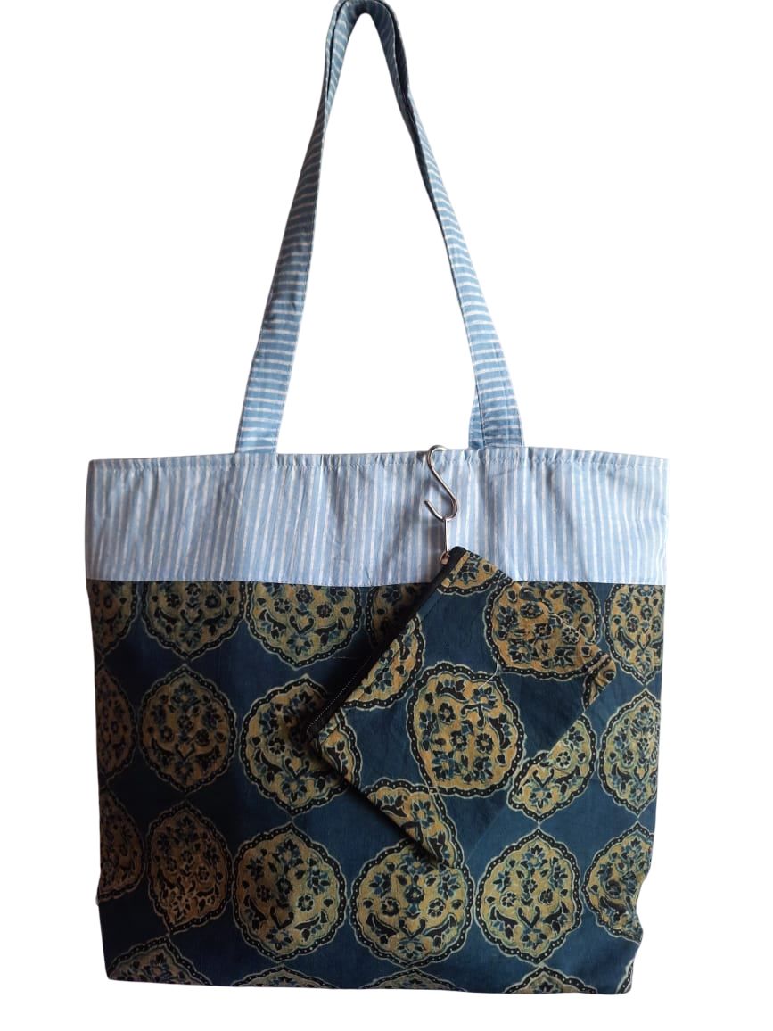 Stylish Cotton Tote Bag - Blue and Gold Design