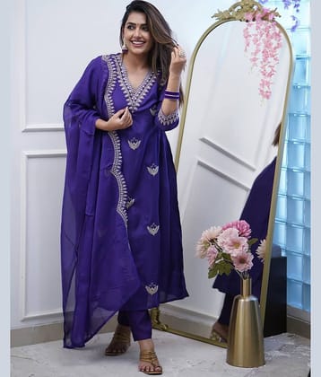 Niza Fashion Chanderi Embroidered Kurti With Pants Women's Stitched Salwar Suit - Purple ( Pack of 1 )