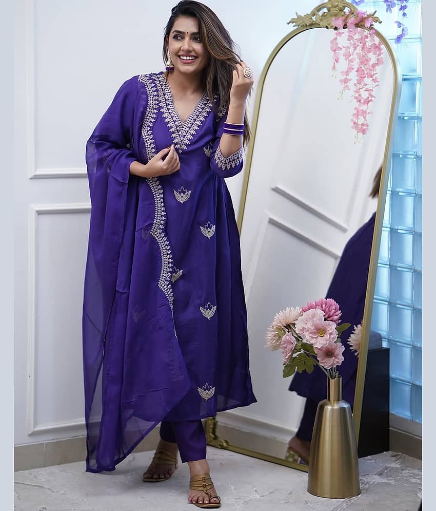Niza Fashion Chanderi Embroidered Kurti With Pants Women's Stitched Salwar Suit - Purple ( Pack of 1 )