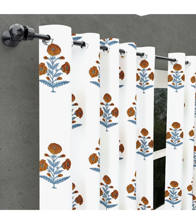 Classic Floral Hand Block Curtains Marigold & Grey Leaf Boota Pattern ( 7 Feet )