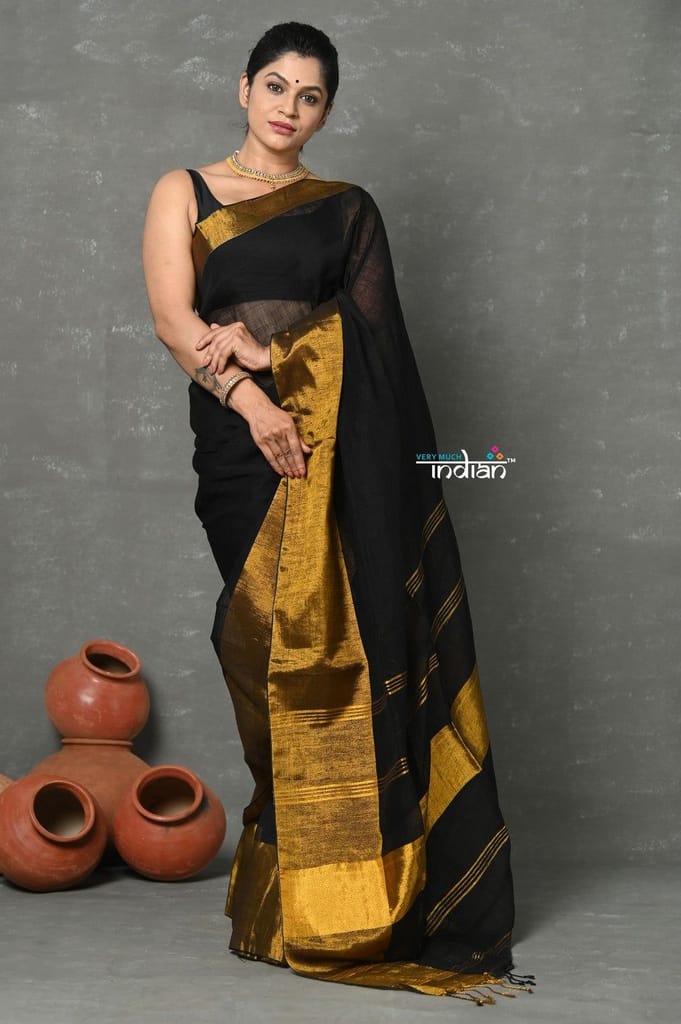 Tyohaar ~ Handloom Pure Cotton Linen Saree With Golden Border - Black - Sarees | Buy online on ZillyBuy