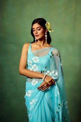 Sky Blue Chiffon Saree with Hand-Painted White Dogwood Flowers & Satin Blouse-Regular
