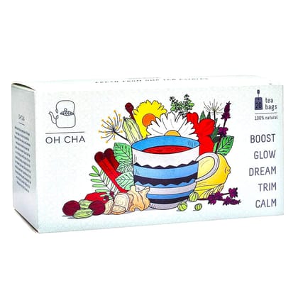 Oh Cha Assorted Tea Bags | 100% Natural Green Tea Sampler Pack | 5 Green Tea Flavors | 20 Tea Bags, 35 gm