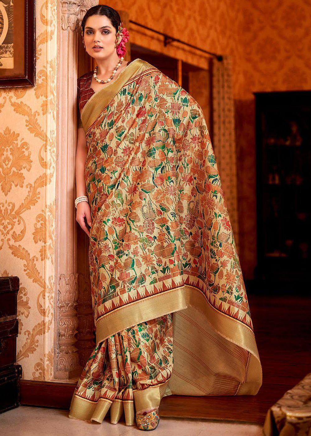 Brown Beige Woven Silk Saree With Kalamkari Fine Print