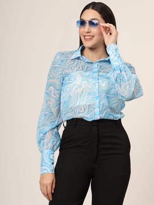 Women'S Premium Organza Blue And White Long Length Curved Hem Digital Print Shirt-XL