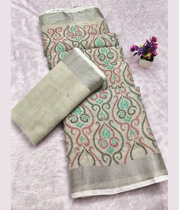 HEMA SILK MILLS Linen Printed Regular Saree With Unstitched Blouse Piece ( Multicolor )