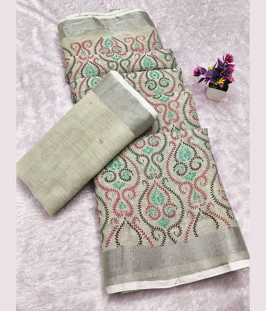 HEMA SILK MILLS Linen Printed Regular Saree With Unstitched Blouse Piece ( Multicolor )