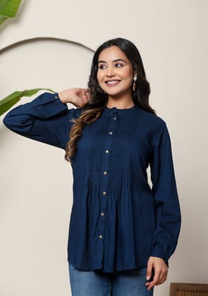 Blue Solid Pintex Top-S