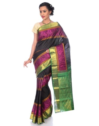 Black Kanchipuram Silk Saree with Green border