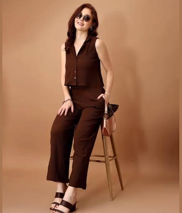 HARPITA Women Solid Shirt With Trousers Co-Ord Set ( Brown )