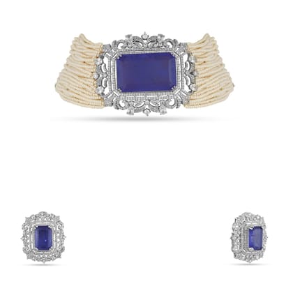 Elyanna-  Blue Doublet Stone & Pearl Choker Set-Silver Rhodium