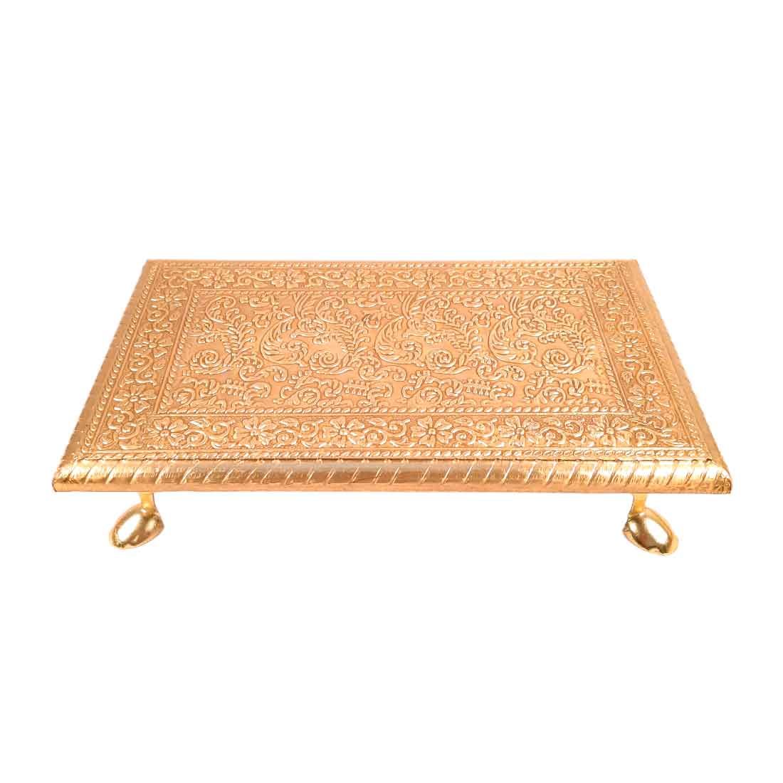 Puja Chowki Bajot | Wooden Brass Patla Chauki - For Puja, Wedding, Home Decoration, Diwali & Gifts - (6x10) Inch-Pack of 1