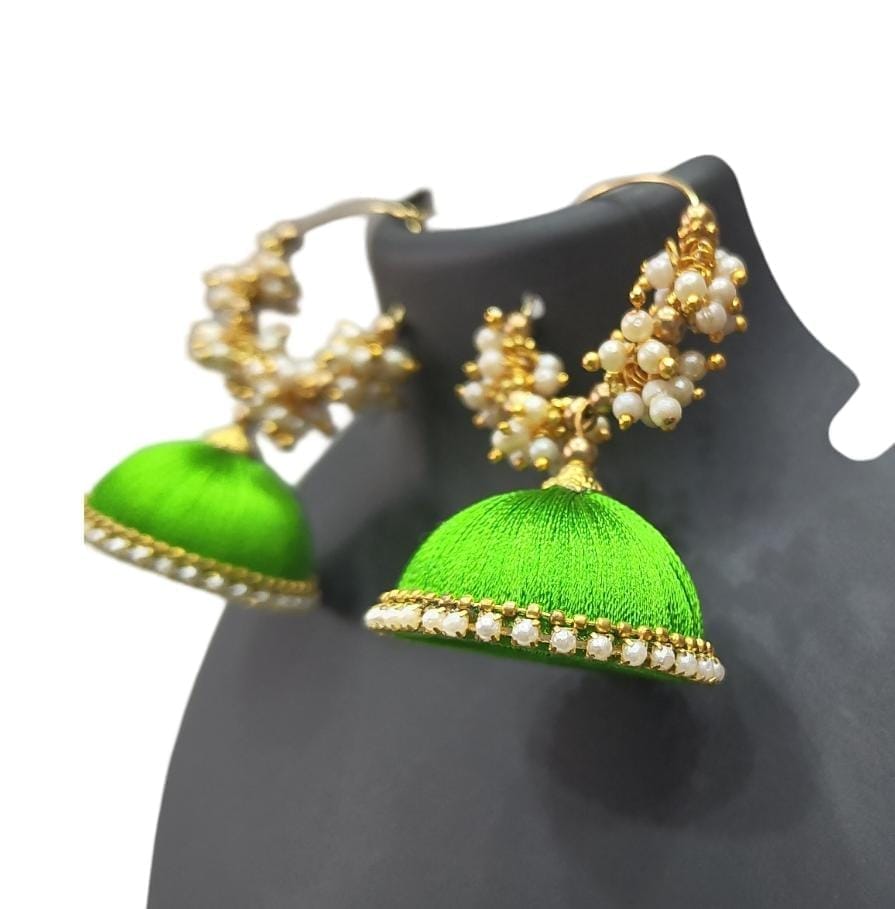 Green Jhumka Earrings with Pearl Beads