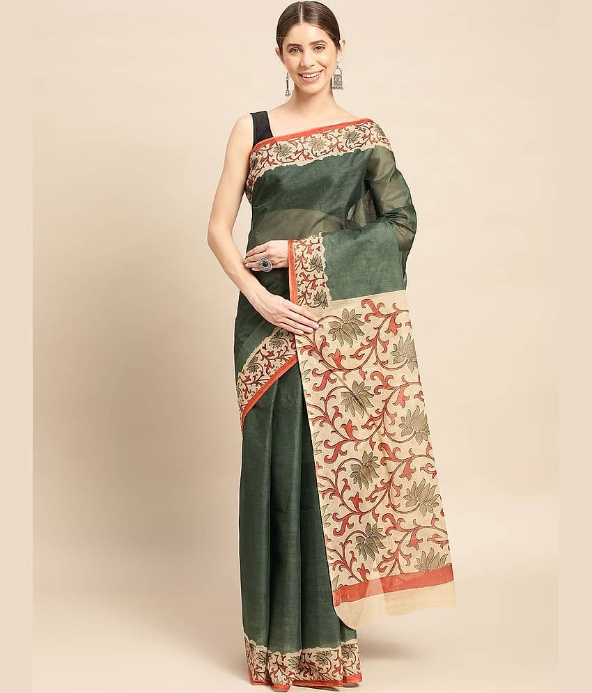 SHANVIKA Cotton Printed Saree Without Blouse Piece ( Green )