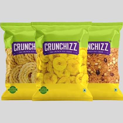 CRUNCHIZZ Kerala Snacks Combo Pack I Authentic Kerala Style Yellow BANANA CHIPS, Traditional GHEE MURUKKU (Chakli) & Spicy KERALA NAMKEEN MIXTURE I No Artificial Colors or Additives I Pack of Three I