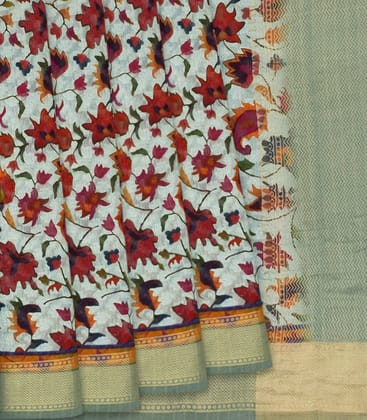 Off White Handloom Printed Tussar Silk Saree With Floral Vine Motifs-Off White-Off White