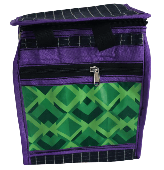 Purple Insulated Lunch Bag with Green Geometric Pattern & Zipper