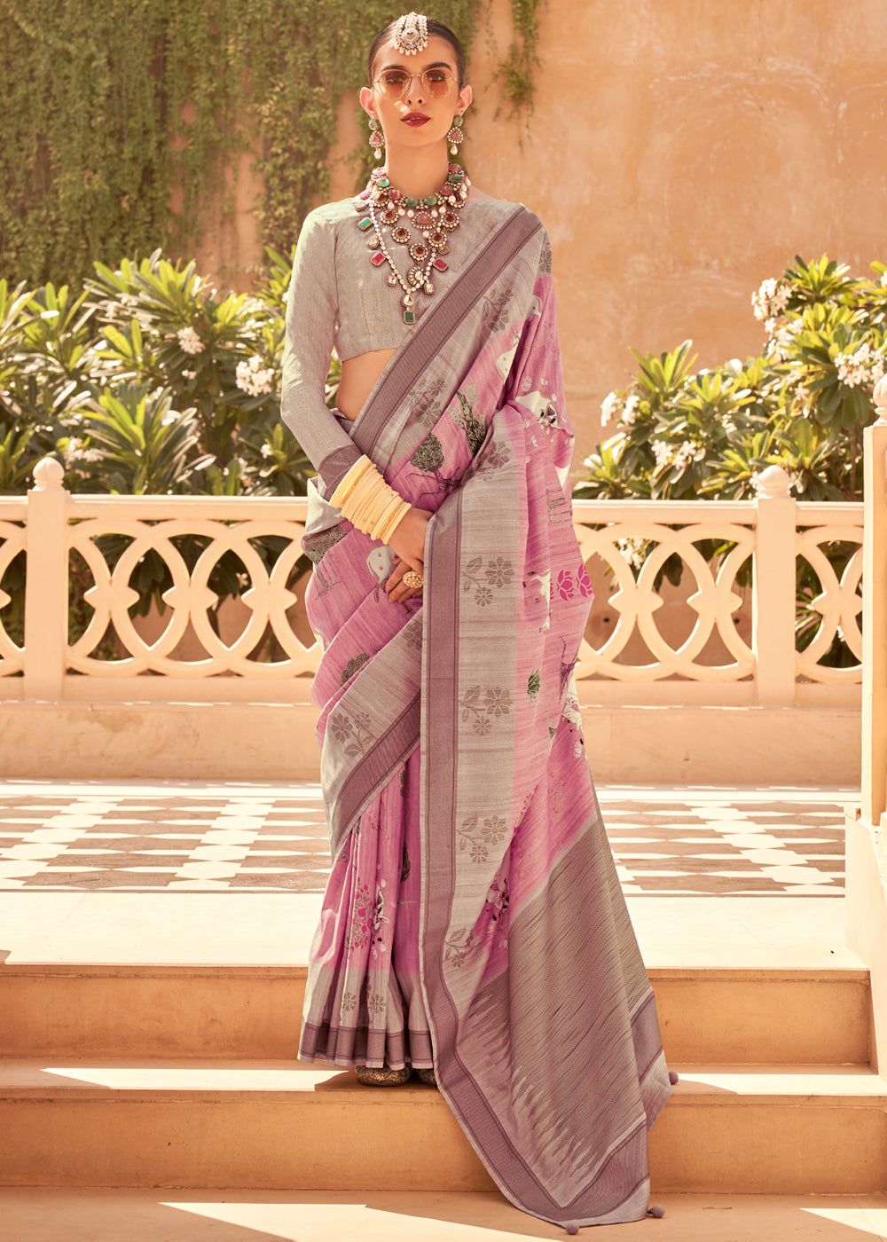 Dusky Pink Printed Raw Silk Saree
