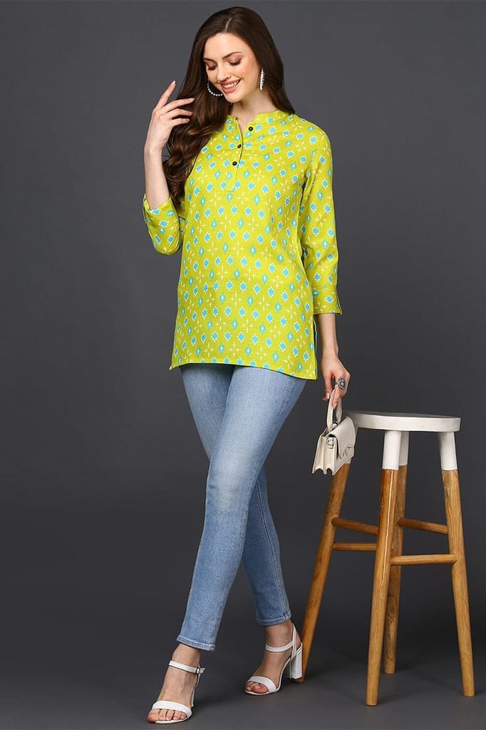 Top Women Lime Green Cotton Blend Geometric Print Straight Tunic VT1226 2026 at ShopCircuit | ON