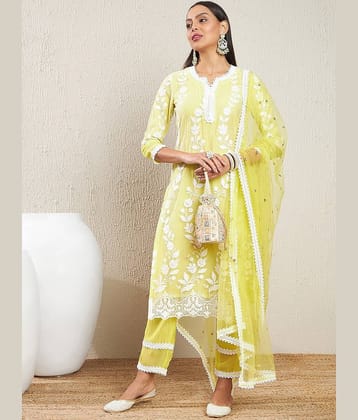 PURVAIYA CREATION Net Embroidered Kurti With Pants Women's Stitched Salwar Suit - Yellow ( Pack of 1 )