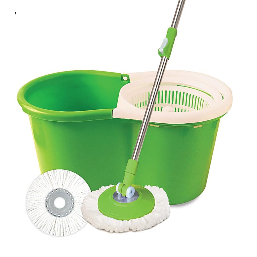 Scotch Brite Twin Bucket Spin Mop, Plastic, With Rod, Refill Included, Green