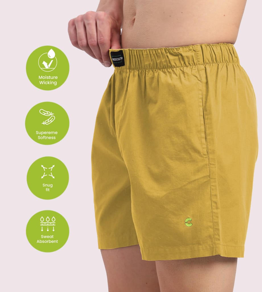 Freecultr Regular Fit Ultralight All Day Boxer Shorts for Men | 100% Cotton Fabric, Dual Deep Side Pocket, Microfibre Waistband Pack of 1-Yellow