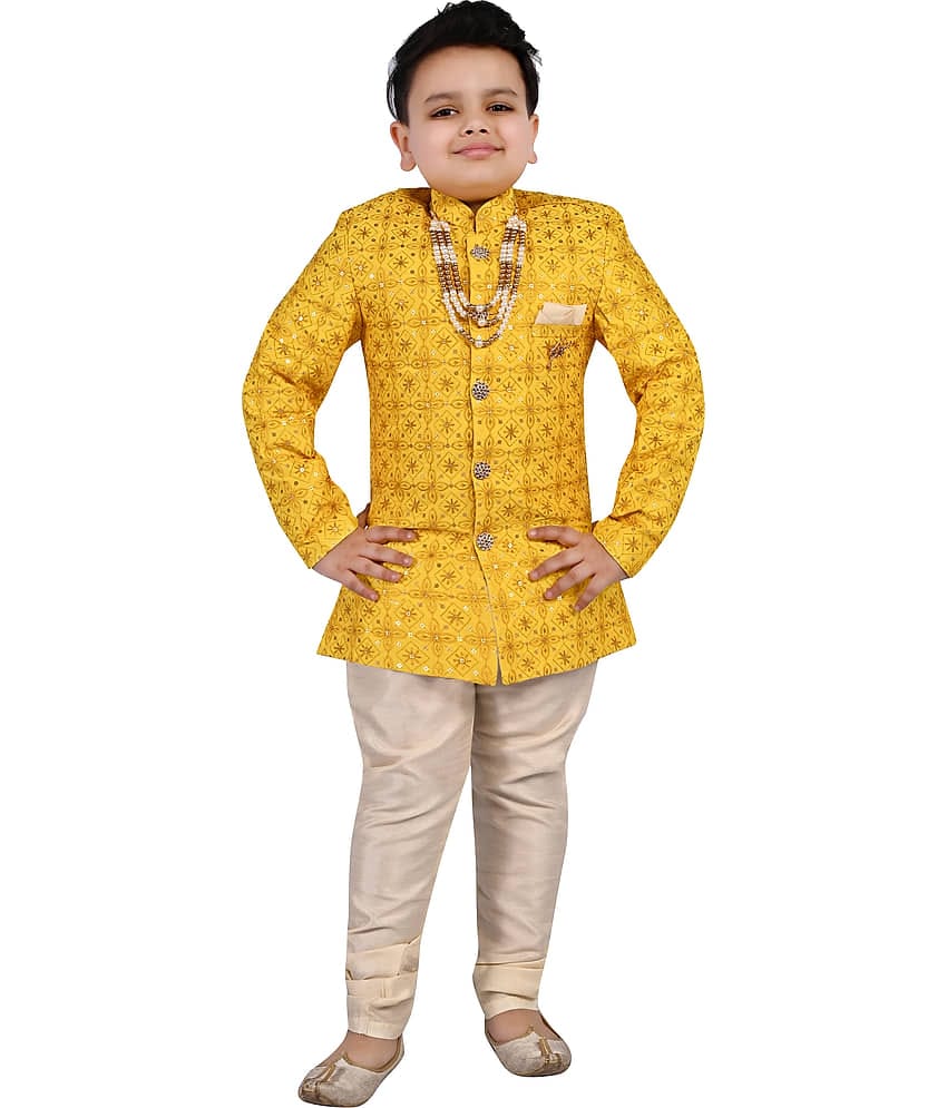 Arshia Fashions Boys Silk Blend Sherwani & Churidar Set ( Pack of 1 , Yellow )