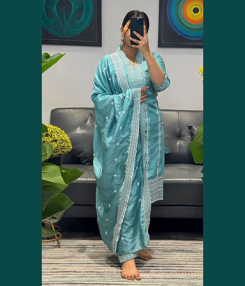 Trijal Fab Women Silk Blend Embroidered Straight Kurti With Pants ( Aqua Blue )