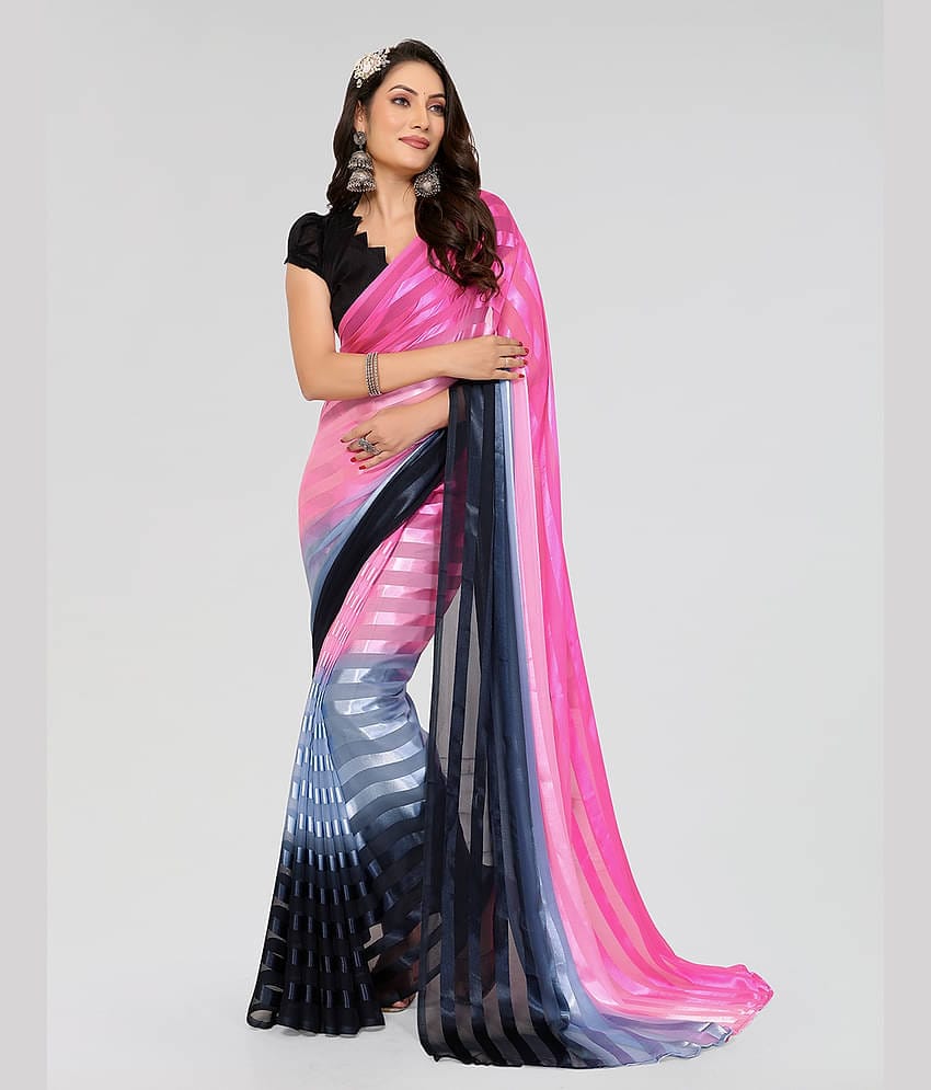 Kashvi Sarees Satin Striped Saree With Unstitched Blouse Piece ( Pink )