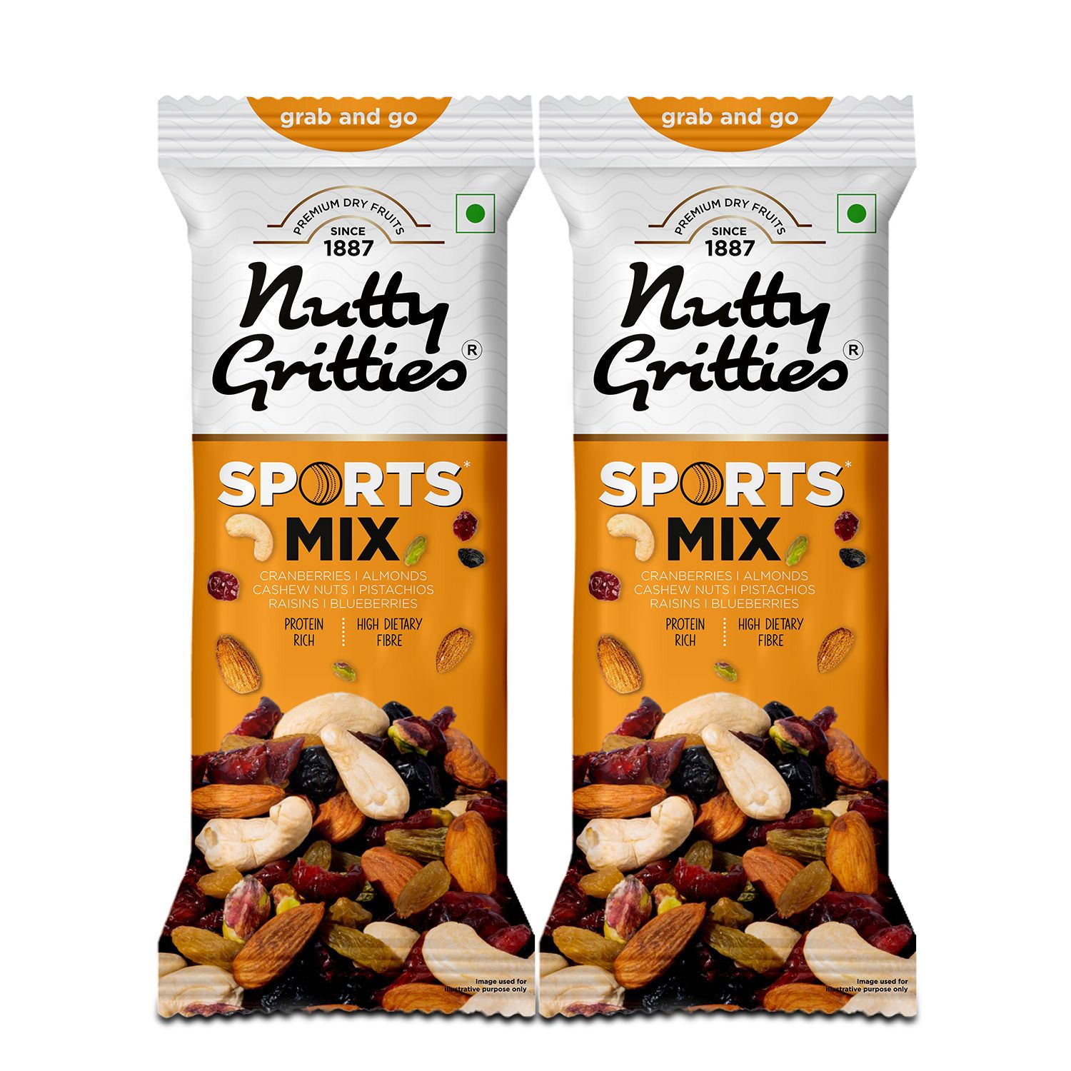 Nutty Gritties Grab And Go Sports Mix - Roasted Almonds, Cashews, Pistachios, Dried Blueberries, Cranberries and Raisins, 40 gm - Pack of 2